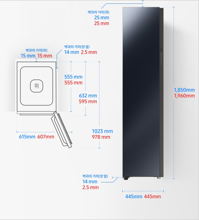 
                                    BESPOKE 에어드레서 일반 설치 환경 가이드 이미지입니다. 
                                    모델에 따라 제품의 사이즈와 설치 환경 가이드가 상이합니다.  
                                    좌측 이미지는 제품의 평면도입니다. 
                                    DF60A8500CG 모델의 경우, 
                                    문을 열었을 때 제품의 폭은 615 mm, 문 포함 깊이는 1,023 mm이고
                                    문을 닫았을 때 제품의 문 포함 깊이는 632 mm, 문 제외 깊이는 555 mm입니다.
                                    제품과 양 옆 벽과의 간격은 각각 14 mm의 공간이 필요합니다. 
                                    제품과 후방 벽과의 간격은 15 mm의 공간이 필요합니다. 

                                    DF18CB8700CR 모델의 경우, 
                                    문을 열었을 때 제품의 폭은 607 mm, 문 포함 깊이는 978 mm이고
                                    문을 닫았을 때 제품의 문 포함 깊이는 595 mm, 문 제외 깊이는 555 mm입니다.
                                    제품과 양 옆 벽과의 간격은 각각 2.5 mm의 공간이 필요합니다. 
                                    제품과 후방 벽과의 간격은 15 mm의 공간이 필요합니다. 

                                    우측 이미지는 제품의 정면도입니다. 
                                    DF60A8500CG 모델의 경우, 제품과 천장과의 간격은 25 mm의 공간이 필요합니다. 
                                    제품의 폭은 455 mm이며, 높이는 1,850 mm입니다.
                                    제품과 양 옆 벽과의 간격은 각각 14 mm의 공간이 필요합니다. 
                                    DF18CB8700CR 모델의 경우, 제품과 천장과의 간격은 25 mm의 공간이 필요합니다. 
                                    제품의 폭은 455 mm이며, 높이는 1,960 mm입니다.
                                    제품과 양 옆 벽과의 간격은 각각 2.5 mm의 공간이 필요합니다. 