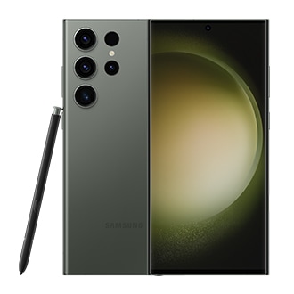Deux téléphones Galaxy S23 Ultra en vert, l'un vu de face et l'autre vu de l'arrière. Le S Pen intégré s'appuie sur le côté.
