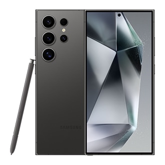 Deux téléphones Galaxy S24 Ultra en noir titane, l'un vu de l'avant et l'autre de l'arrière. Le stylo S Pen intégré est posé sur le côté.
