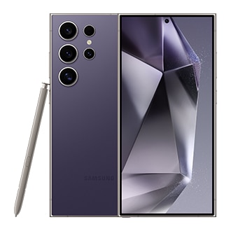 Deux téléphones Galaxy S24 Ultra en violet titane, l'un vu de l'avant et l'autre de l'arrière. Le stylo S Pen intégré est posé sur le côté.