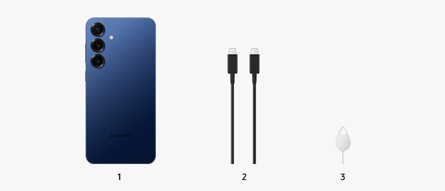 Galaxy S25+ em Navy é mostrado de costas com um cabo de carregamento e um pino de ejeção ao lado.