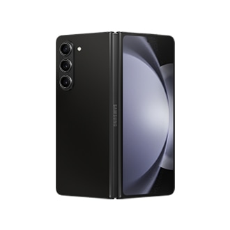 Galaxy Z Fold5 em Preto Fantasma, parcialmente desdobrado e visto de trás.