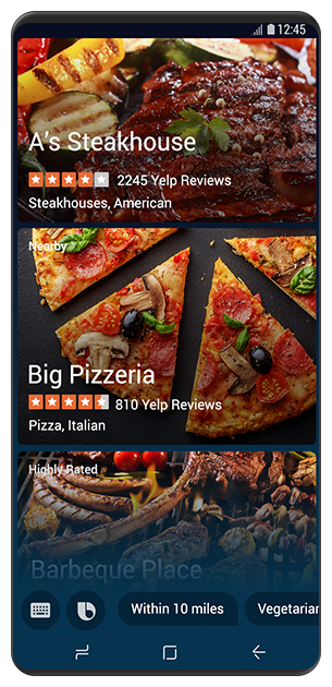 A vista frontal da tela mostrando imagens de bife, pizza, churrasco e informações sobre o restaurante