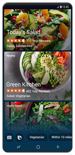 A vista frontal da tela mostrando imagens de vários tipos de saladas e informações sobre o restaurante