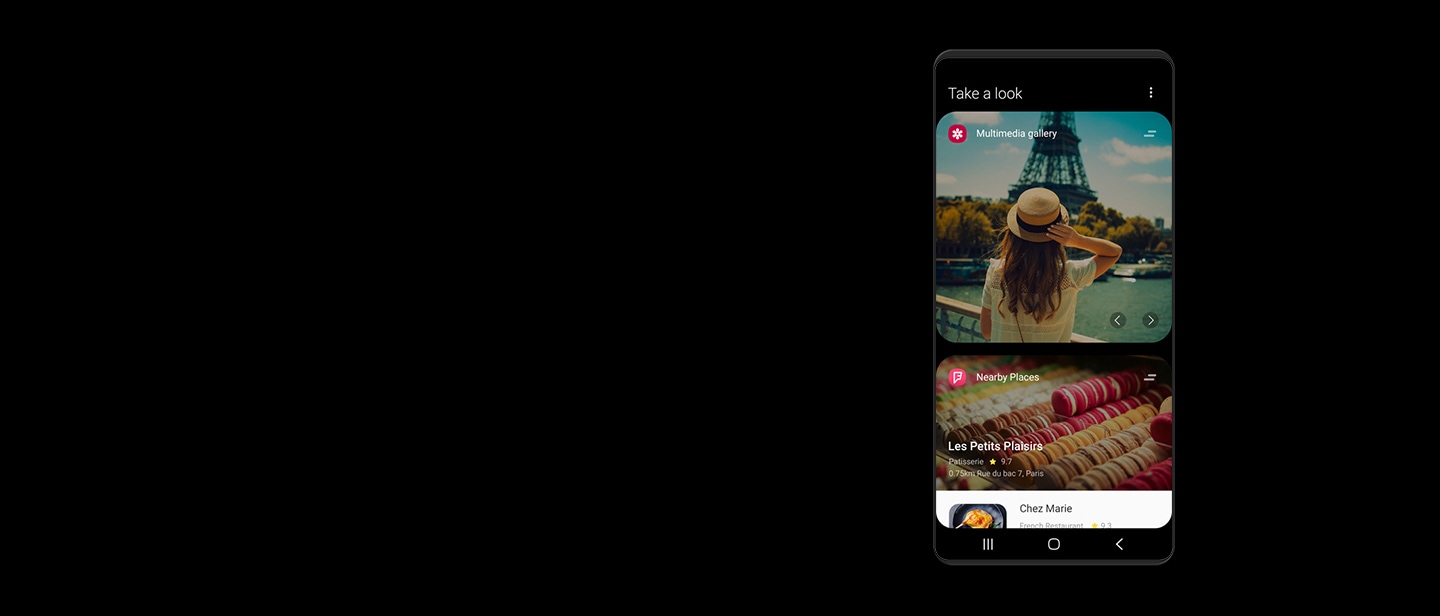 빅스비 홈에서 멀티미디어 갤러리, Nearby Places 앱이 실행되는 모습을 보여주는 스마트폰 스크린샷