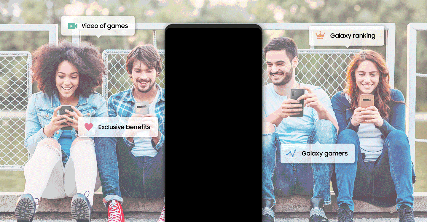 Ein mobiler Bildschirm mit Game-Inhalten wie Spielzeit, tägliche Spielzeit, Anzahl der Galaxy-Spieler und täglichem Game-Ranking. Dies überlappt ein Bild, in welchem zwei Männer und zwei Frauen den Game Launcher verwenden und bildet Blasen wie Game-Videos, exklusive Vorteile, Galaxy-Ranking und Galaxy-Gamers.