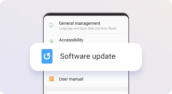 A simulated Galaxy smartphone displays the Settings menu, with the “Software update” option magnified in the center.