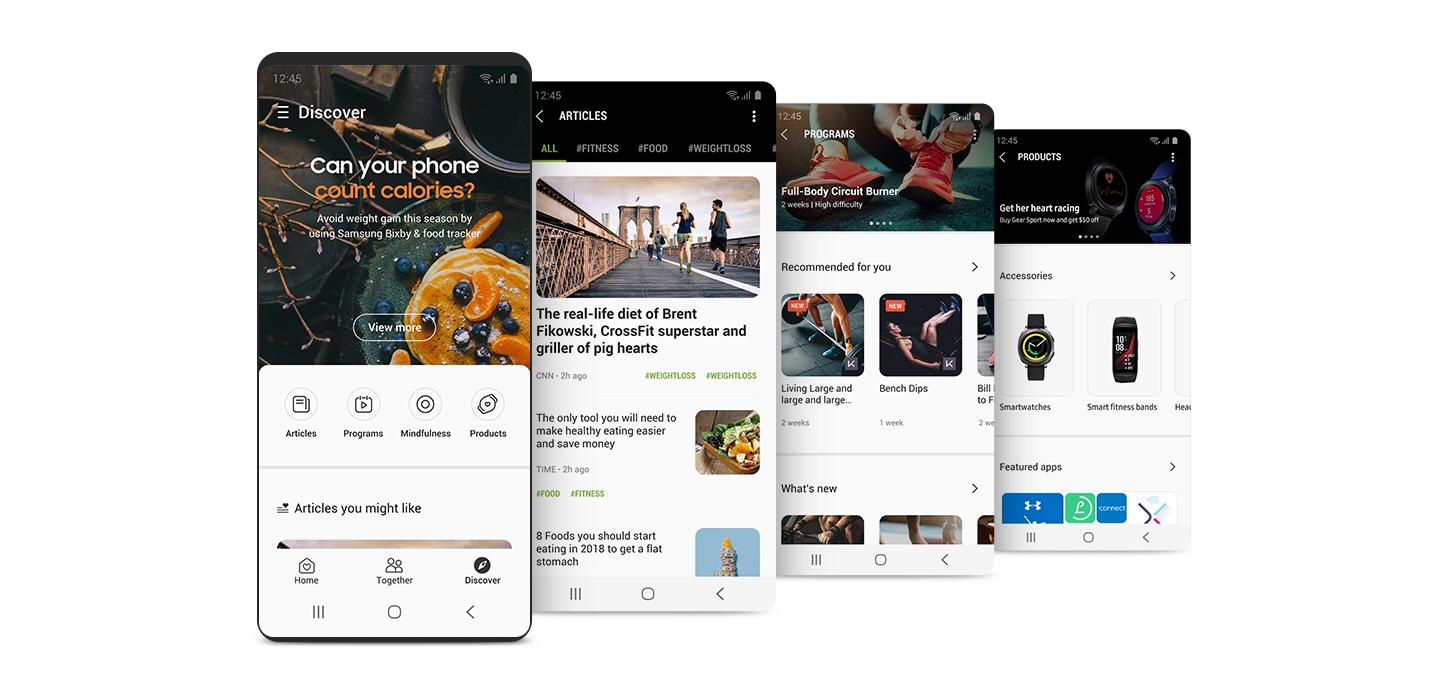 A front view of the smartphone showing "DISCOVER" in the Samsung Health app and three images featuring "ARTICLES","PROGRAMS", and "PRODUCTS" in Samsung Health app.