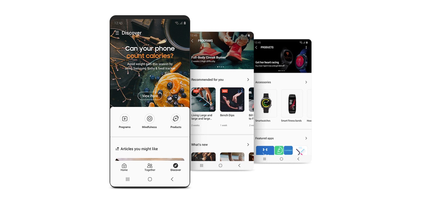 A front view of the smartphone showing "DISCOVER" in the Samsung Health app and two images featuring,"PROGRAMS", and "PRODUCTS" in Samsung Health app.