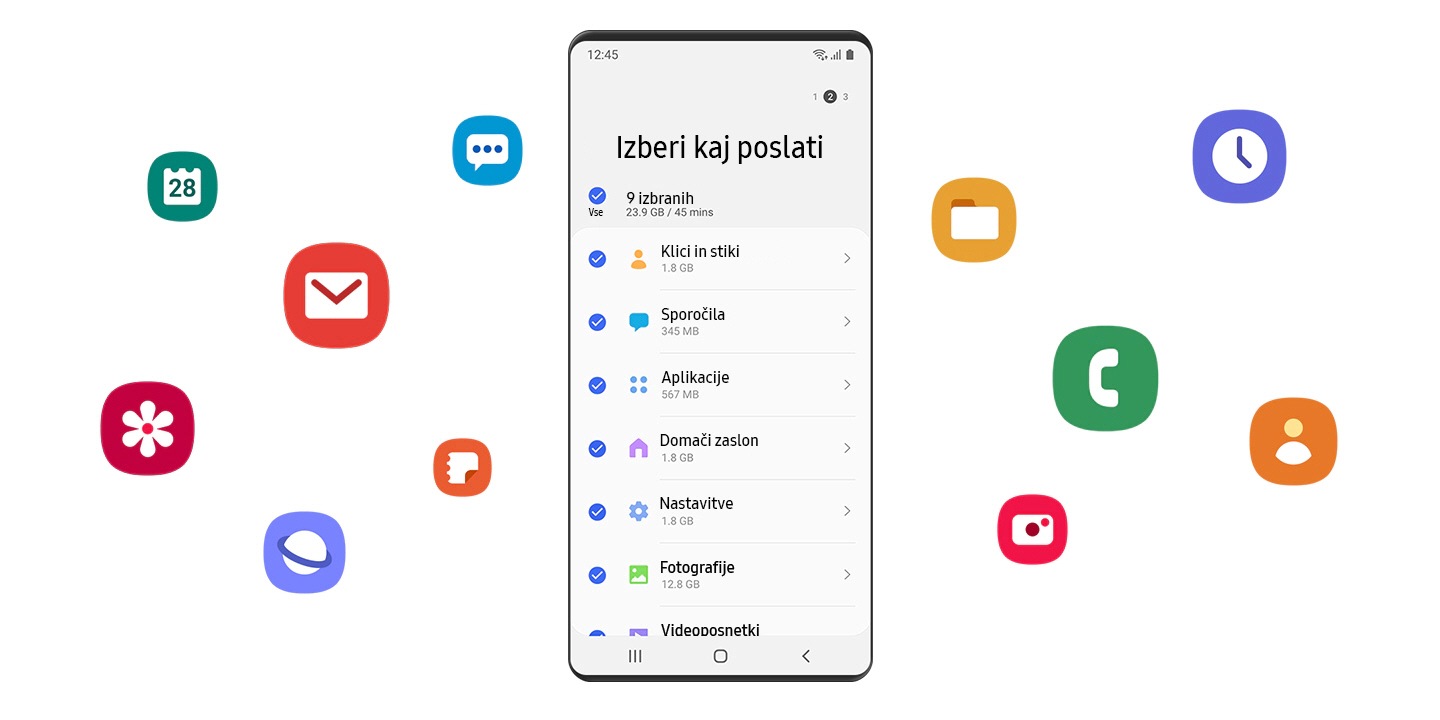 Vmesnik Smart Switch je simuliran na napravi Galaxy . Za prenos lahko izberete ali izberete različne kategorije vsebine. Na zaslonu so klici in stiki, sporočila, aplikacije, začetni zaslon, nastavitve, slike in videoposnetki.
