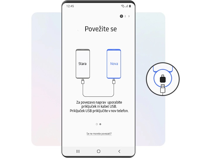 Del " Smart Switch vmesnika Smart Switch je simuliran na napravi Galaxy . Slika na zaslonu prikazuje dve napravi, ki ju USB povezuje s spodnjimi navodili. Desno od naprave je povečana slika USB kabla, ki se prek 3,5 mm USB-C na USB-C adapter za ključ.