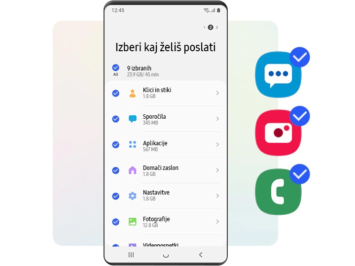 V napravi Galaxy je simuliran del "Izberite, kaj naj pošljem" vmesnika Smart Switch . Za prenos lahko izberete ali izberete različne kategorije vsebine. Na zaslonu so klici in stiki, sporočila, aplikacije, začetni zaslon, nastavitve, slike in videoposnetki. Desno od naprave so ikone, ki predstavljajo različne vrste vsebine, označene s kljukico, da je označeno, da so bile izbrane.