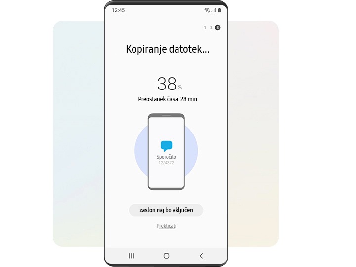 Prenosni del vmesnika Smart Switch je simuliran na napravi Galaxy . Napredek prenosa s stare naprave je prikazan v odstotkih in preostalih minutah.