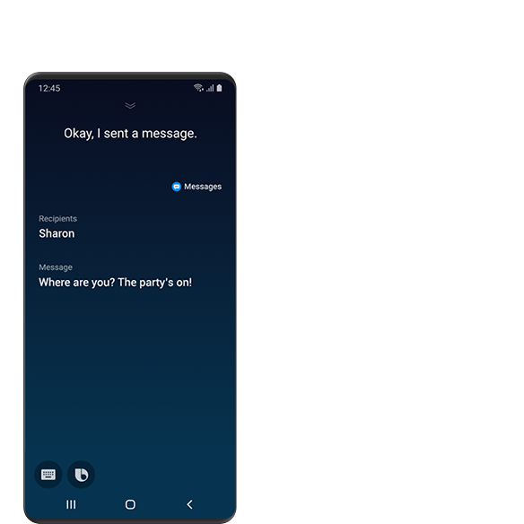 شاشة في تطبيق الرسائل على هاتف Galaxy تعرض نصًا لشارون تمت كتابته باستخدام ميزات التحكم في Galaxy في Bixby، تقول «أين أنت؟ الحفلة على!»