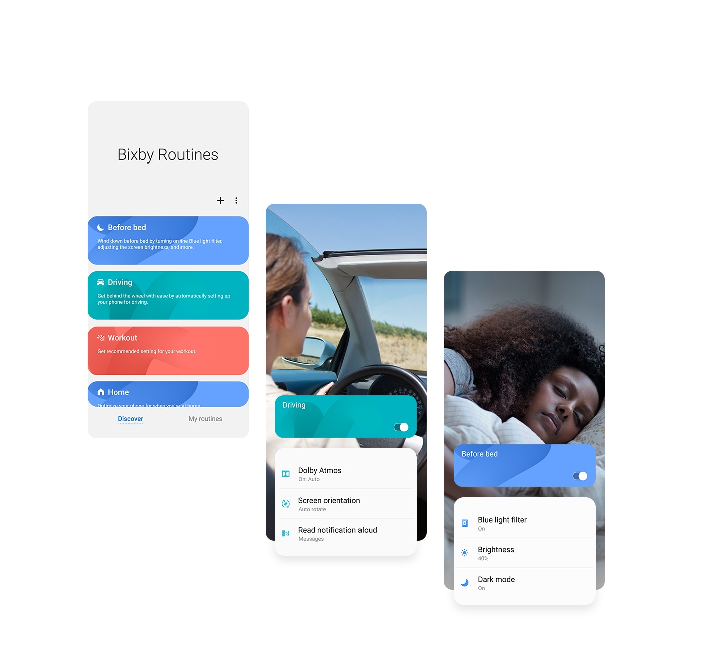 Три зображення графічного інтерфейсу, пов'язані з Bixby рутинами. Перший показує екран, який відображає різні підпрограми Bixby . Другий показує сцену, коли жінка користується Bixby Рутинами під час руху. Третій показує жінку, яка спить у ліжку, із активованими Bixby рутинами «Темний режим».