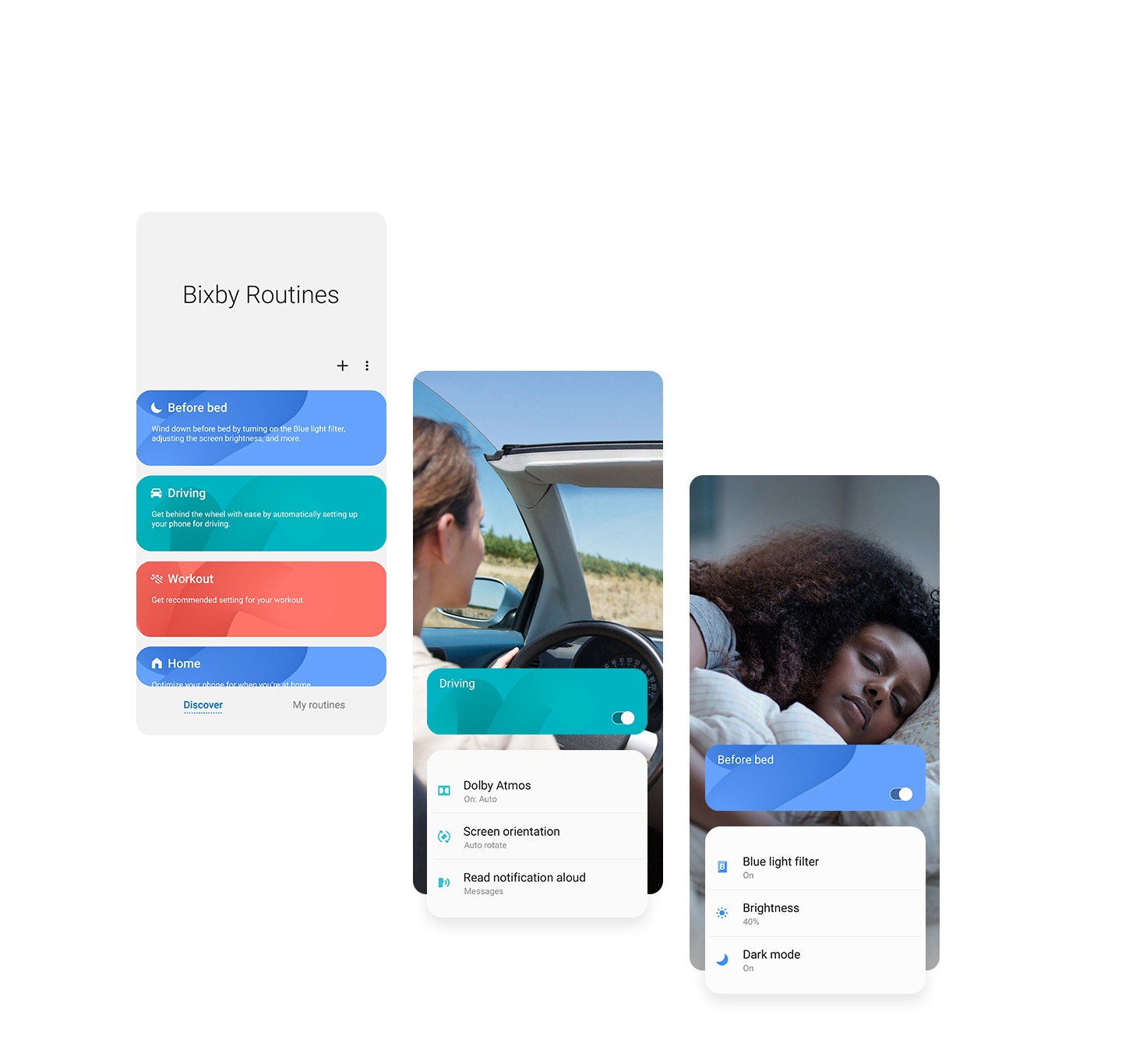 Bixby Routines bilan bog'liq uchta GUI tasvirlari. Birinchisi, Bixby ning turli xil usullarini namoyish etadigan ekranni ko'rsatadi. Ikkinchisida bir ayol haydash paytida Bixby Routines-dan foydalanadigan sahna ko'rsatilgan. Uchinchisi, "Dark Mode" Bixby Rutines faollashtirilgan holda uxlayotgan ayolni ko'rsatadi.