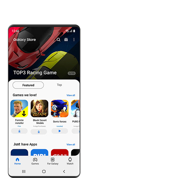 تظهر شاشة ألعاب واجهة المستخدم الرسومية من Galaxy Store. يتم عرض أفضل 3 ألعاب سباقات في الجزء العلوي من الشاشة، وفورنيت، وBlack Desert، وSonic Forces س هي الألعاب المميزة في الوسط.