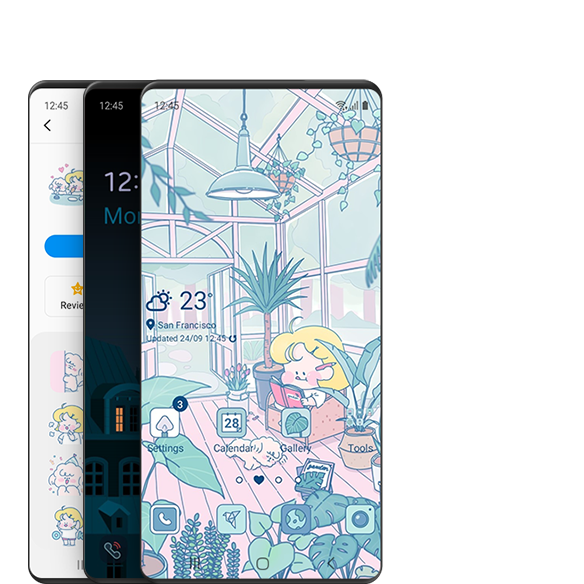 شاشة واجهة المستخدم الرسومية تظهر مختلف المواضيع المتاحة في Galaxy Themes في Galaxy Store.
