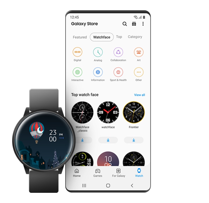 Galaxy Watch face와 유사한 테마로 셋팅 된 갤럭시의 GUI 화면.