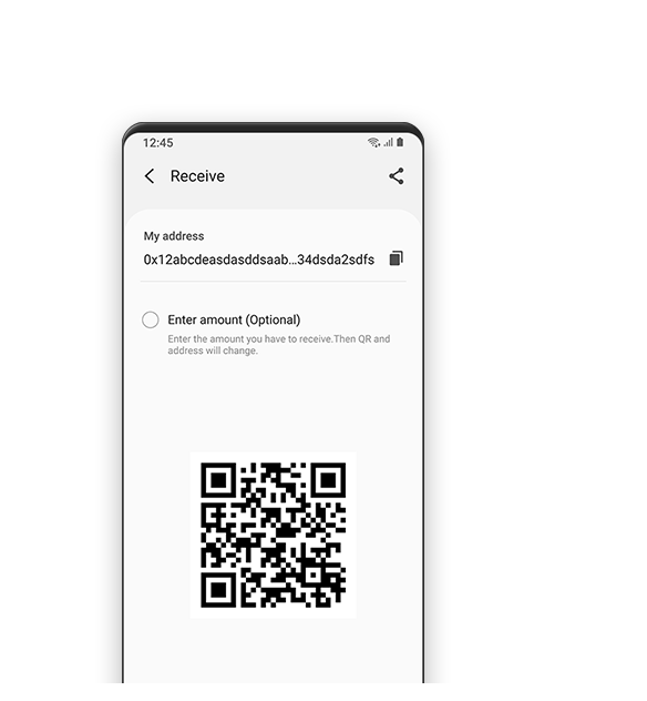 En simulering av Samsung Blockchain Wallet-appens grafiska användargränssnitt som visar steget där man väljer mellan att ange adressen manuellt och att använda QR-kod för att ”ta emot” i överföringsprocessen av kryptovaluta.
