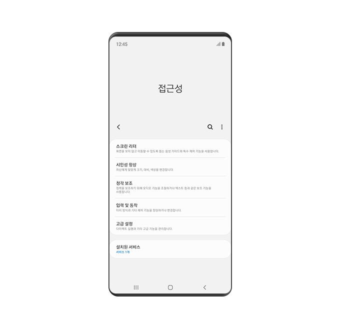 스크린 리더, 시인성 향상, 청각 보조, 입력 및 동작, 고급 설정이 접근성의 하위메뉴로 보여지고 있습니다.