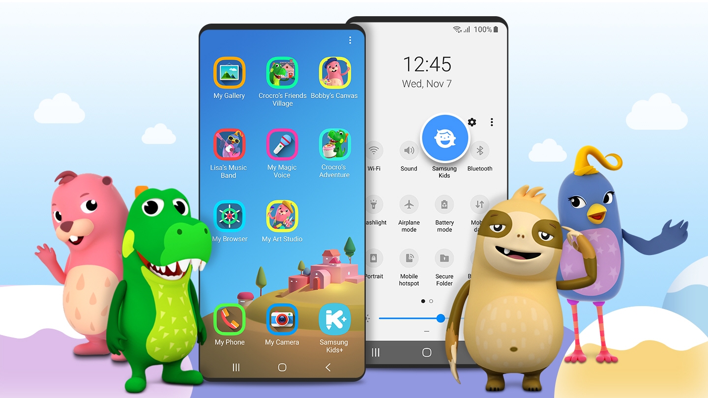 A smartphone in front of an illustrated background with a simulated image of the Samsung Kids UI and the following apps shown on the screen: Crocro's Friends Village, Bobby's Canvas, Lisa's Music Band, My Magic Voice, Crocro's Adventure, My Browser, My Art Studio, My Phone, My camera, and My gallery. Together with the Samsung Kids village characters Cooki, Crocro, Bobby, and Lisa, children can learn as they play.