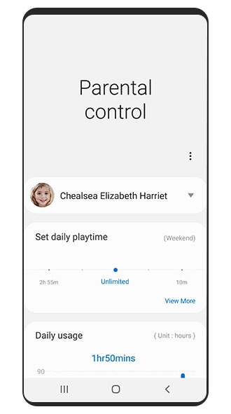 Image simulée de l'écran de contrôle parental de Samsung Kids qui vous montre comment définir une limite de temps de jeu.