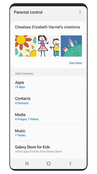 Image simulée de l'écran Samsung Kids qui affiche les limites que vous pouvez définir pour les applications, les contacts et les médias.