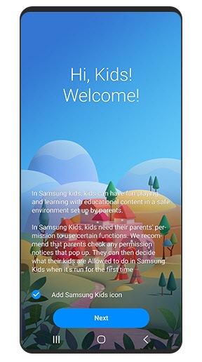 Image simulée de l'écran de bienvenue pour Samsung Kids avec le bouton Suivant pour le traitement de l'étape suivante.