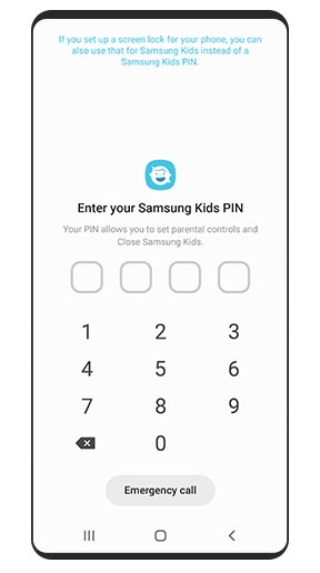 L'image simulée de l'écran Samsung Kids Security vous invite à configurer un code PIN à quatre chiffres.