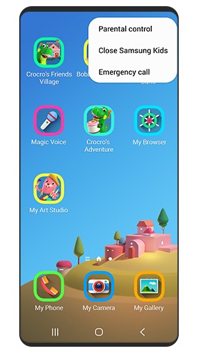 Image simulée de l'écran Samsung Kids montrant que vous pouvez appuyer sur l'icône en haut à droite pour régler le contrôle parental.