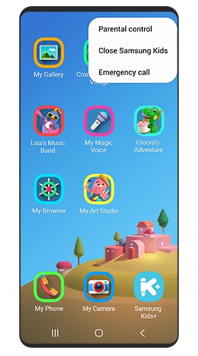Simulated image of the Samsung Kids screen showing that you can tap the top-right icon to adjust Parental control.