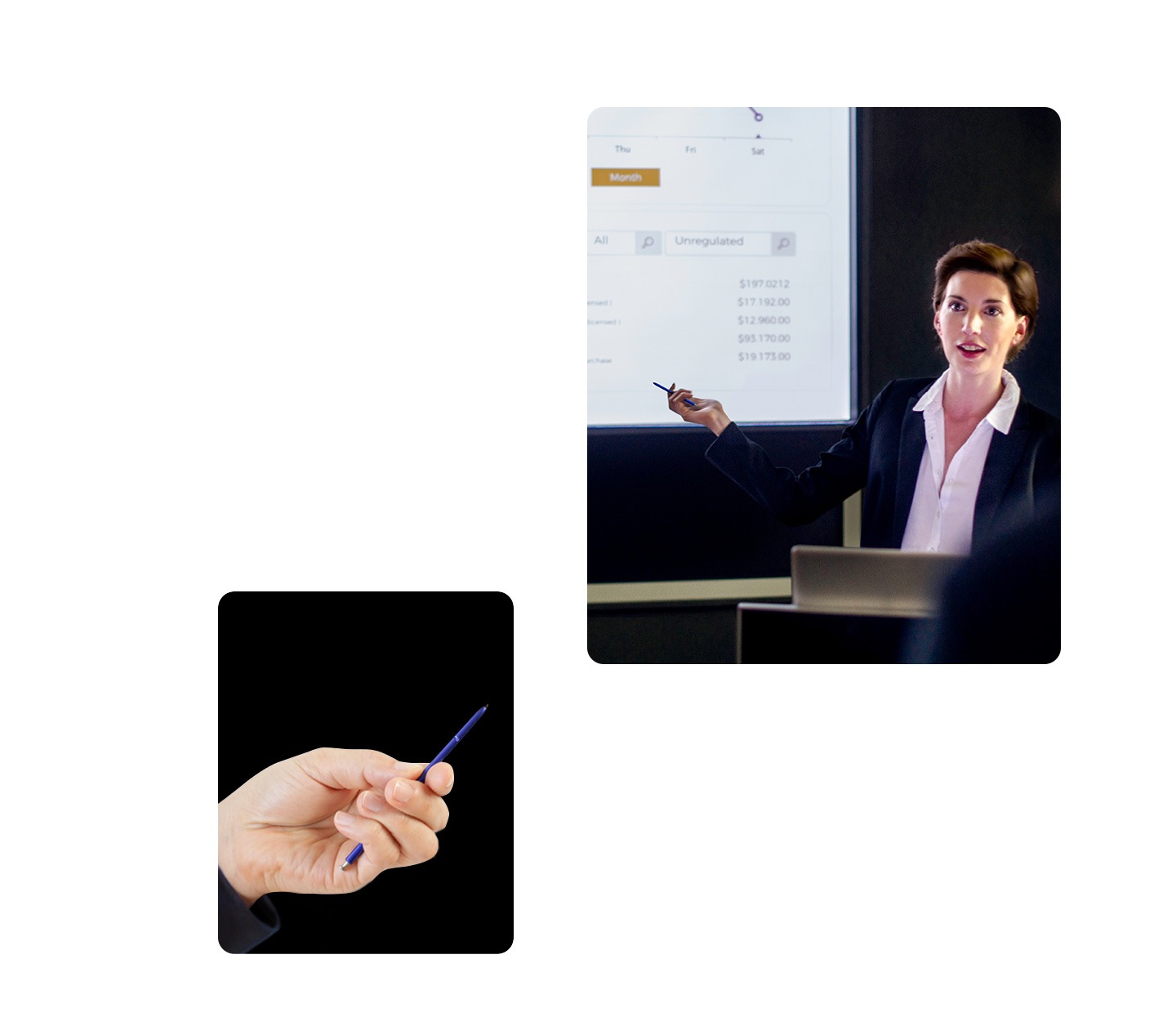 Nahaufnahme einer Hand, die den blauen S Pen hält. Eine Frau steht vor einem Bildschirm und hält das Galaxy Note10+ und einen S Pen in der Hand.