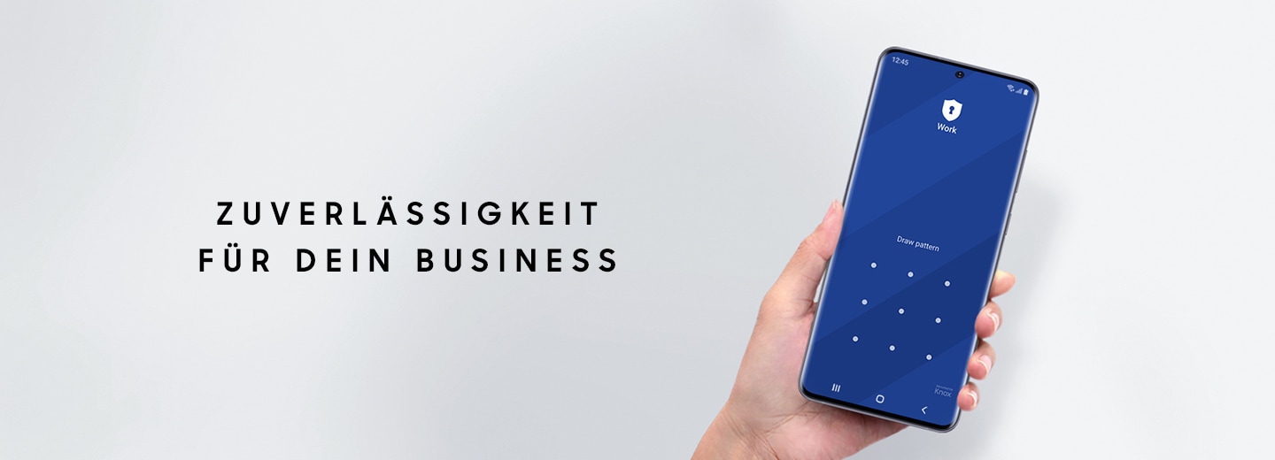 A hand holding Galaxy S20 Ultra with the Pattern entry interface onscreen and text saying Trusted for business