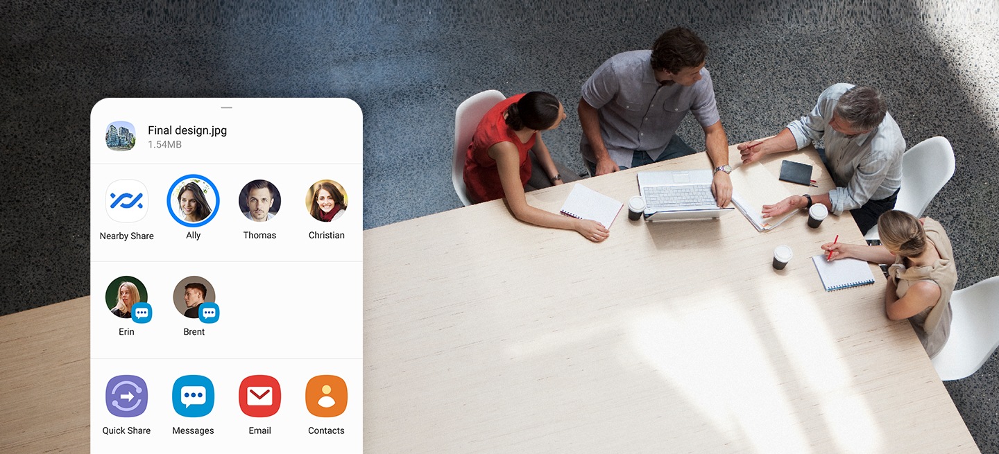 Four people sitting around a table having a meeting. Overlaid on the photo is the sharing panel interface to sending a photo called Final design.jpg. The name Ally is highlighted, signaling that she is the recipient of the photo.