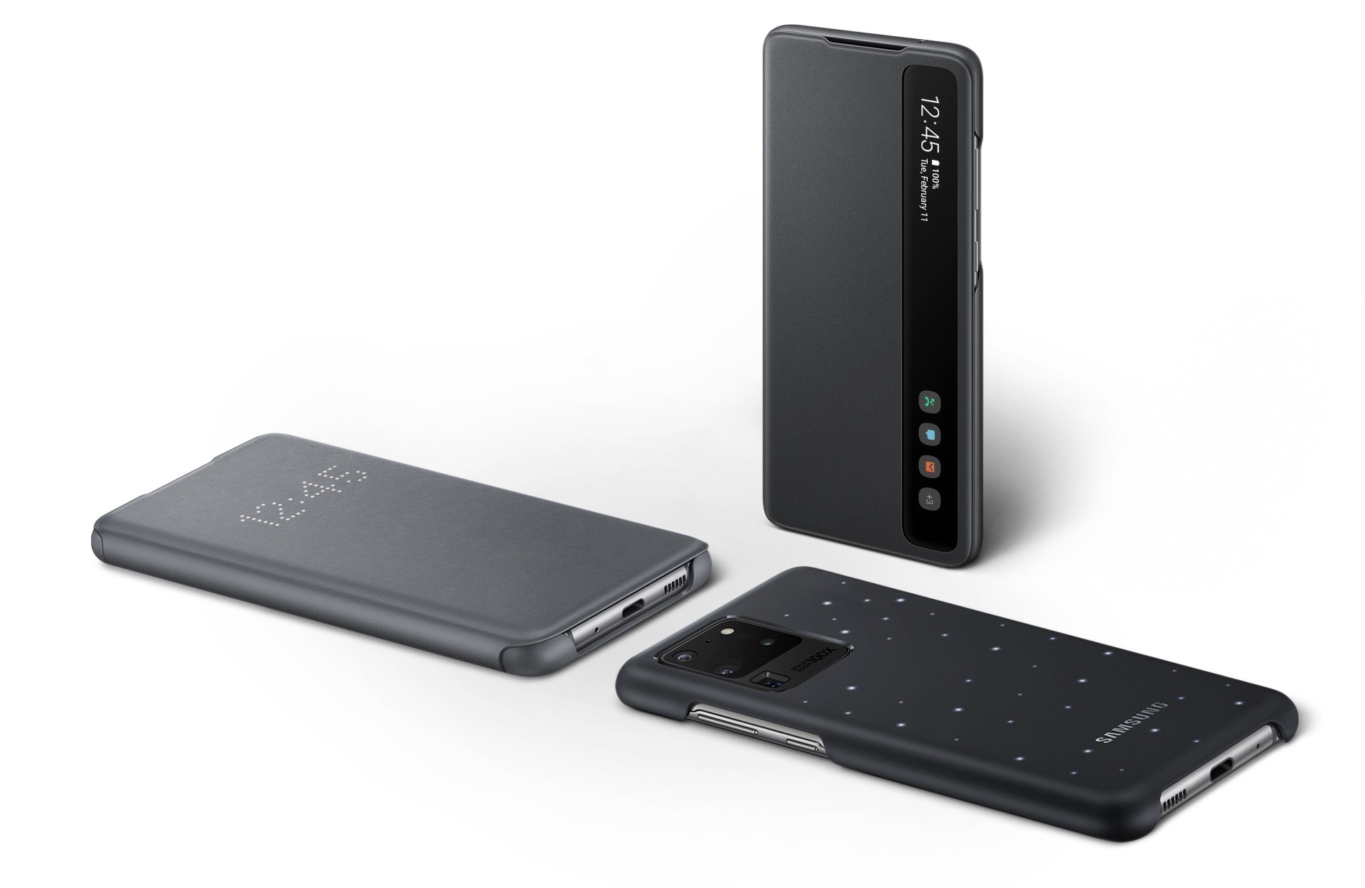 Three Galaxy S20 Ultra phones, two lying down flat and another standing up at a three-quarter angle. All have Smart Covers.