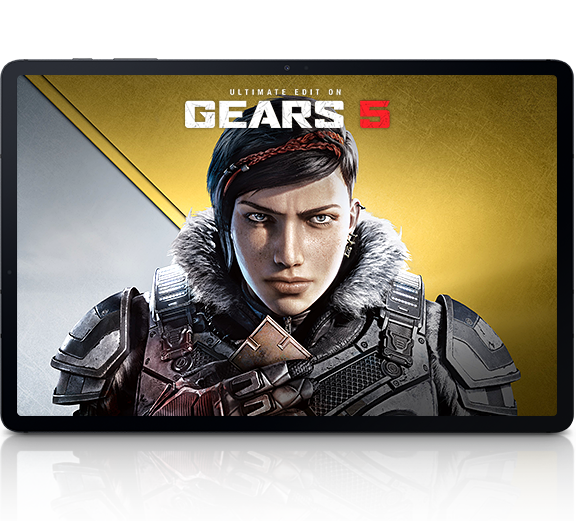 Xbox games surround the tablet with Gears 5 onscreen,
                        showing the 100+ games you can stream and controller for even
                        more fun