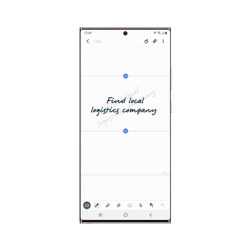 Das Galaxy Note20 Ultra 5G ist mit der Samsung Notes App auf dem Display zu sehen. Ein handgeschriebener Text mit den Worten "Find local logistics company" ist ebenfalls auf dem Display.