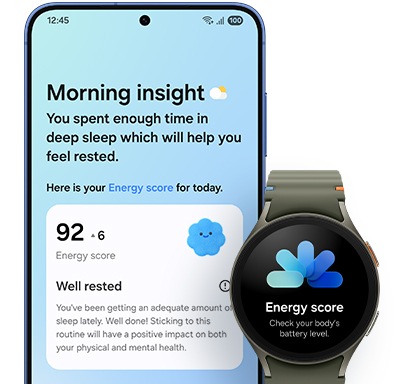 Auf dem Display eines Galaxy S25 Plus ist Now Brief zu sehen. Das Morgen-Update zeigt den aktuellen Energy Score, der mit der Galaxy Watch synchronisiert ist.