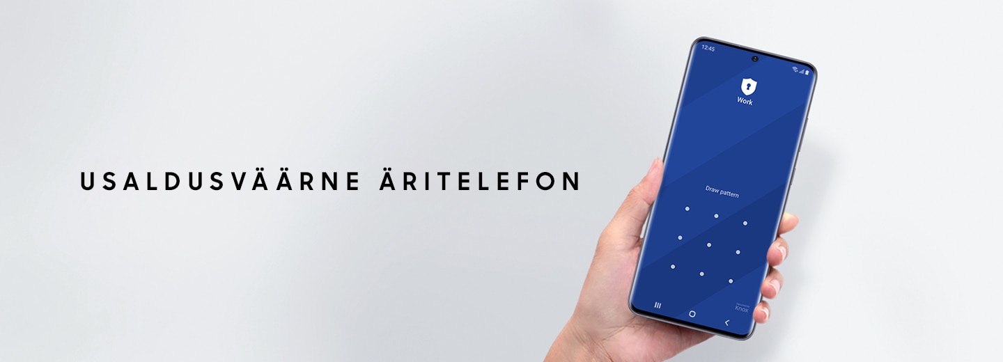 A hand holding Galaxy S20 Ultra with the Pattern entry interface onscreen and text saying Trusted for business