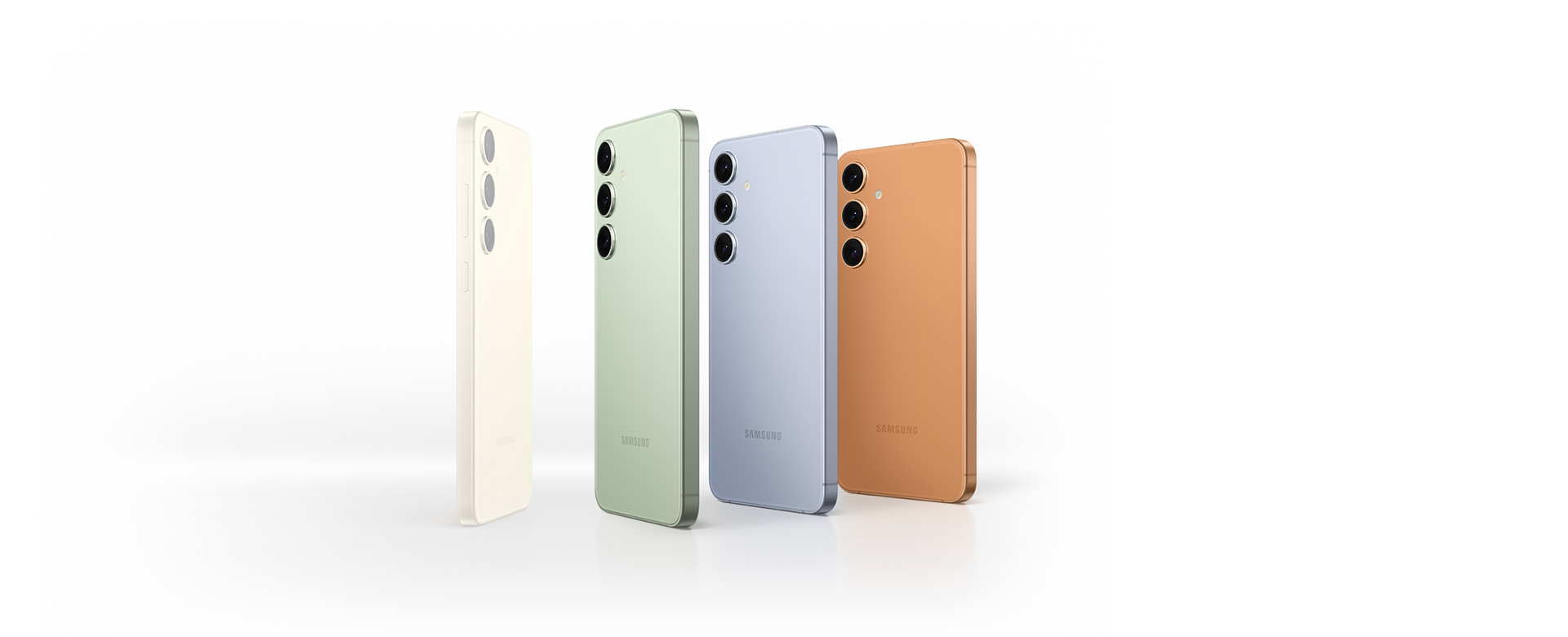 عرض جهاز Galaxy S24 Series بلون أصفر عنبري، ثم تظهر أجهزة بالألوان المتوفرة حصرياً عبر الإنترنت: الأخضر الزمردي، الأزرق الياقوتي، والبرتقالي الرملي.