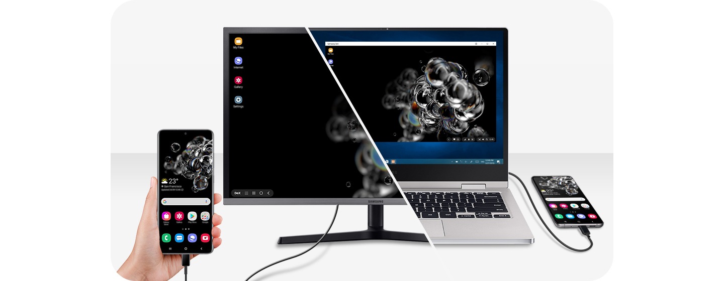 La moitié de l'image montre un moniteur sur une table connectée au Galaxy S20 Ultra avec Samsung DeX. Le Galaxy S20 Ultra affiche l'écran d'accueil et sur l'écran du moniteur se trouve le bureau Samsung DeX. L'autre moitié de l'image est un ordinateur portable connecté au Galaxy S20 Ultra via Samsung DeX, avec l'écran d'accueil sur l'écran Infinity-O et l'écran d'ordinateur portable montrant le bureau Samsung DeX,