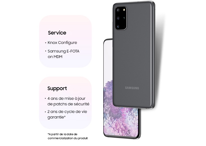 Deux téléphones Galaxy S20 Ultra, l'un montré à l'arrière et l'autre à l'avant avec un fond d'écran violet graphique à l'écran. Un graphique indique Service, Knox Configure, E-FOTA on MDM. Un autre graphique indique le support, les correctifs de sécurité étendus, la disponibilité garantie sur le marché.