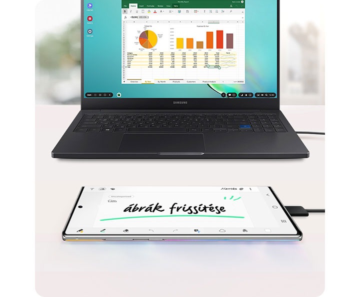 Egy Samsung laptop, képernyőjén táblázatok és grafikonok, valamint egy USB-kábellel csatlakozó Galaxy Note10+, jegyzettel a lezárt képernyőn.