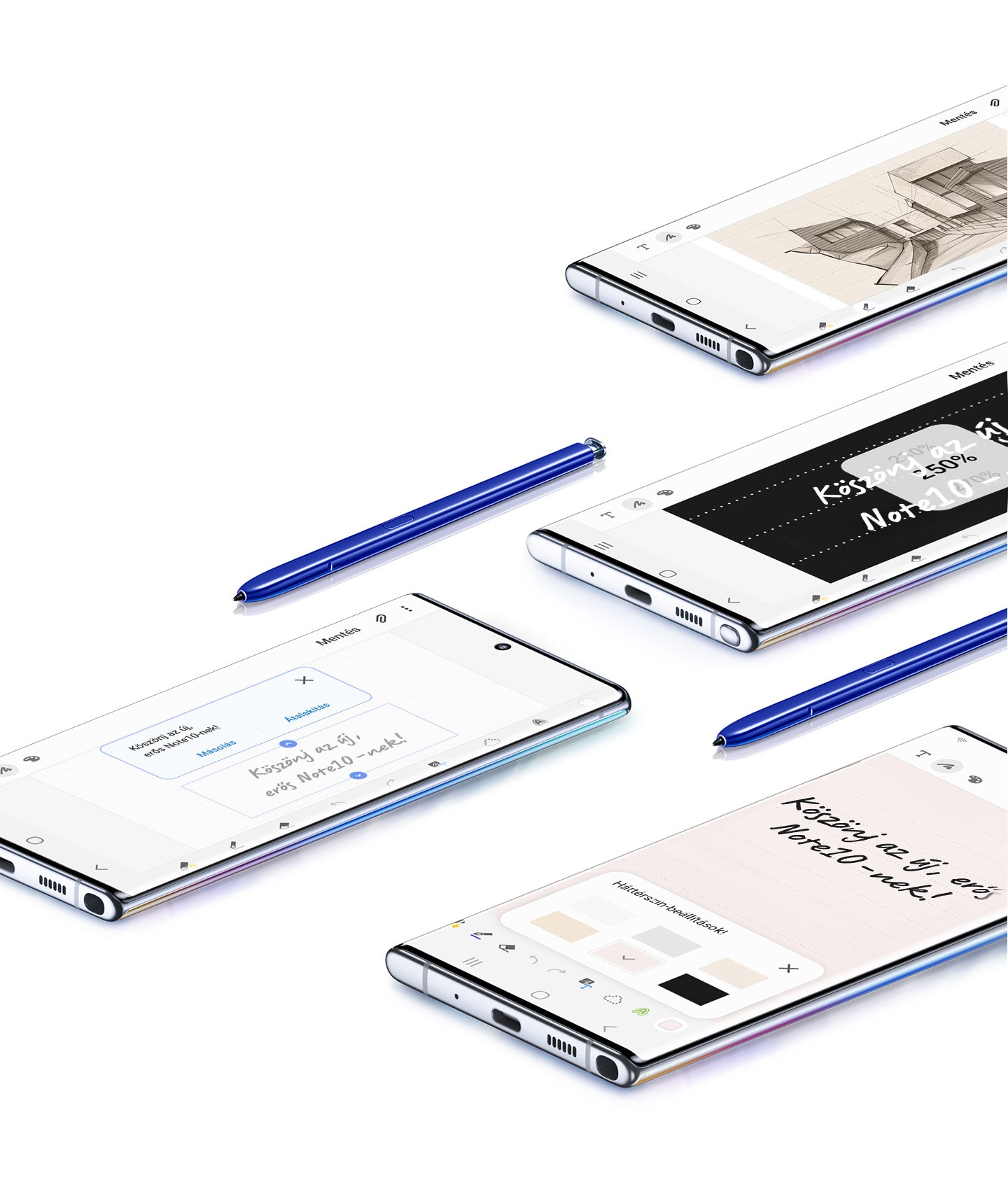 Négy Galaxy Note10+ telefon fekszik az asztalon, képernyővel felfelé, melyeken a Samsung Notes alkalmazás látható többféle formában, két kék S Pen társaságában. Az egyik képernyőn egy épület vázlata szerepel, a másikon a szövegexportálás-funkció látható, a harmadikon egy ráközelített jegyzet, végül az utolsó telefon az írás háttérszínének megváltoztatása-menüpontot jeleníti meg.