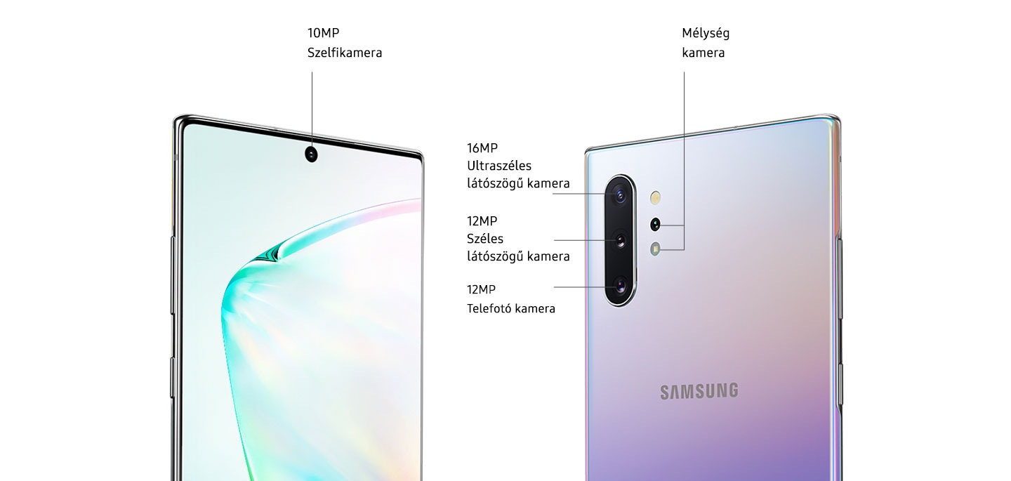 Két Galaxy Note10+ típusú telefon, az egyik hátulról, a másik pedig szemből látható. A szemből látható Galaxy Note10+ készülék 3/4 részben meg van döntve, láthatóvá téve a 10 megapixeles szelfikamerát. Képernyőjén absztrakt grafika. A hátulról látható Galaxy Note10+ a négykamerás rendszert mutatja, amely egy mélységérzékelő kamerából, egy 12 megapixeles teleobjektívvel rendelkező kamerából, egy 12 megapixeles széles látószögű kamerából, valamint egy 16 megapixeles ultraszéles látószögű kamerából áll.