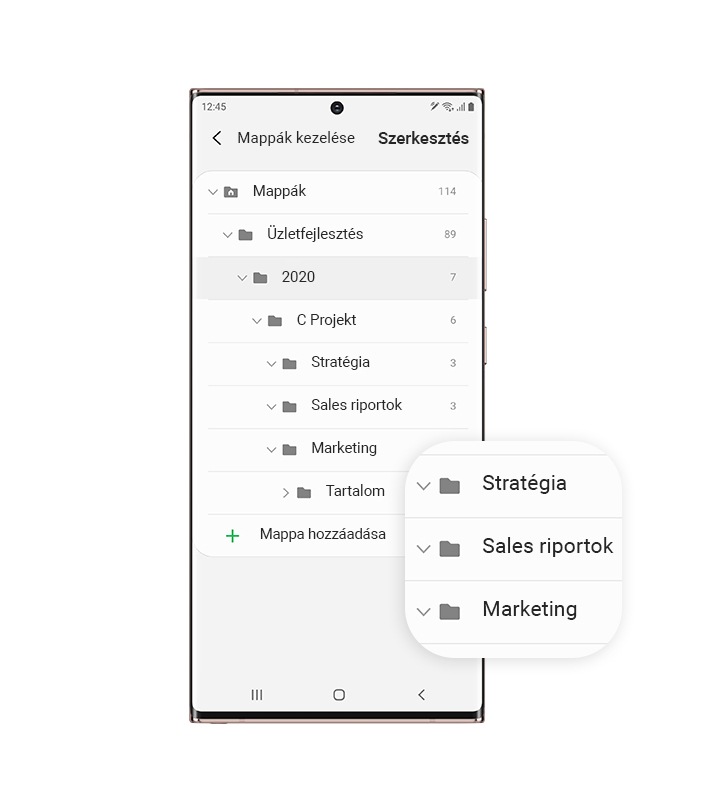 A Galaxy Note20 Ultra elölnézetben, a képernyőn megjelenő Samsung Notesszal. A fő mappa neve Mappakezelés, és azon belül az Business Development, 2020, C projekt, stratégia, értékesítési jelentések, marketing és tartalom almappák. A buborék három mappát nagyít fel, hogy nyilakat jelenítsen meg a nézet kibővítéséhez.