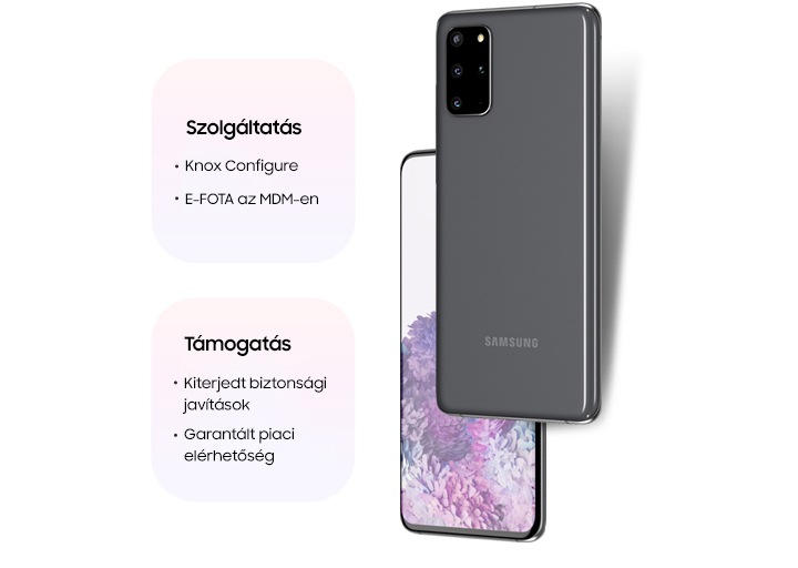 Két Galaxy S20 Ultra 5G telefon, az egyik hátulról, a másik elölről, képernyőjén egy rajzolt lila háttérképpel. Az egyik rajzon a Service (szolgáltatás), Knox Configure és E-FOTA on MDM-feliratok olvashatók. A másik rajzon a Support (támogatás), Extensive security patches (kiterjedt biztonsági patch-ek) és a Guaranteed market availability (garantált piaci elérhetőség) feliratok jelennek meg.