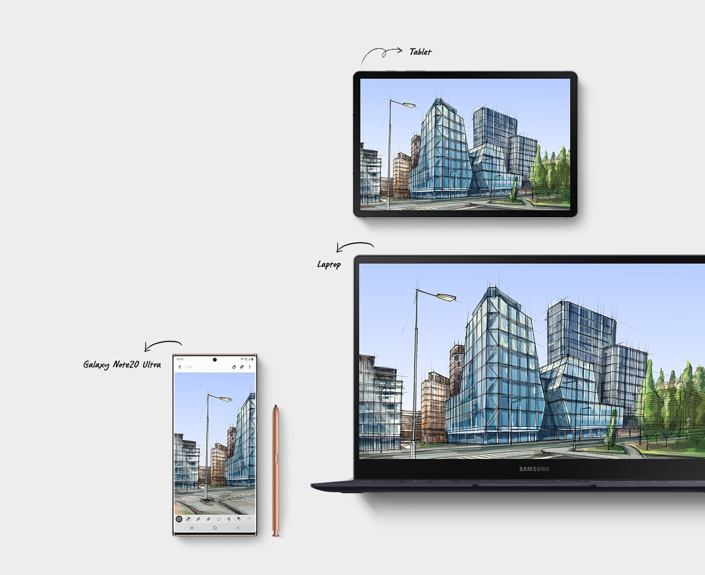 Galaxy Note20 Ultra with Samsung Notes app onscreen and a sketch of buildings. Galaxy Tab S7 with Samsung Notes app onscreen and the same sketch of buildings as seen on Galaxy Note20 Ultra. Galaxy Book S with Samsung Notes app onscreen and the same sketch of buildings as seen on Galaxy Note20 Ultra and Galaxy Tab S7.