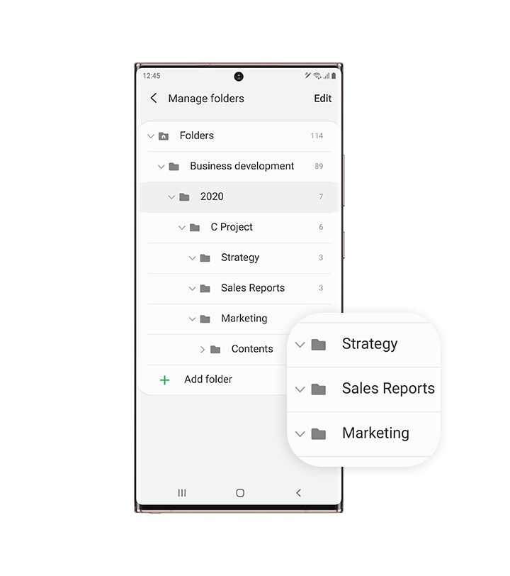 Galaxy Note20 Ultra seen from the front with the Folders within Samsung Notes onscreen. The main folder is called Manage Folders, and within it are subfolders called Business Development, 2020, C Project, Strategy, Sales Reports, Marketing, and Contents. A bubble magnifies three of the folders to show arrows for expanding the view.